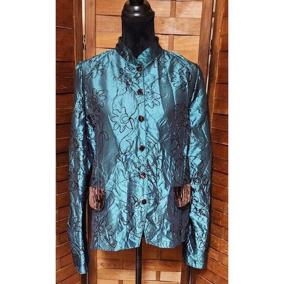 Cydney Mar Crushed Taffeta Jacket with Flocked Floral Design Size Large TEAL - Picture 1 of 5